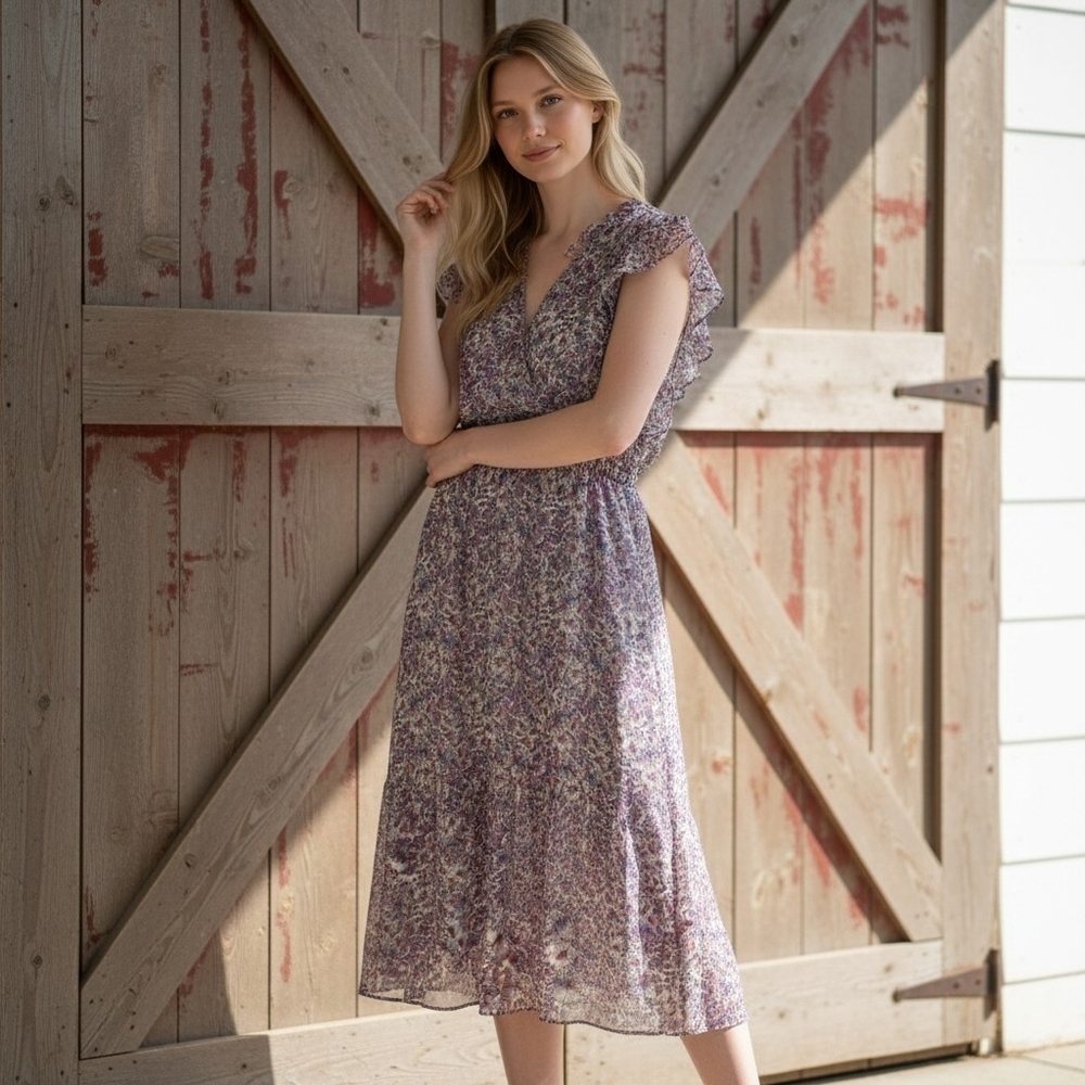 BB Dakota Lavender Floral Tiered V-Neck Midi Dress With Ruffle Sleeves